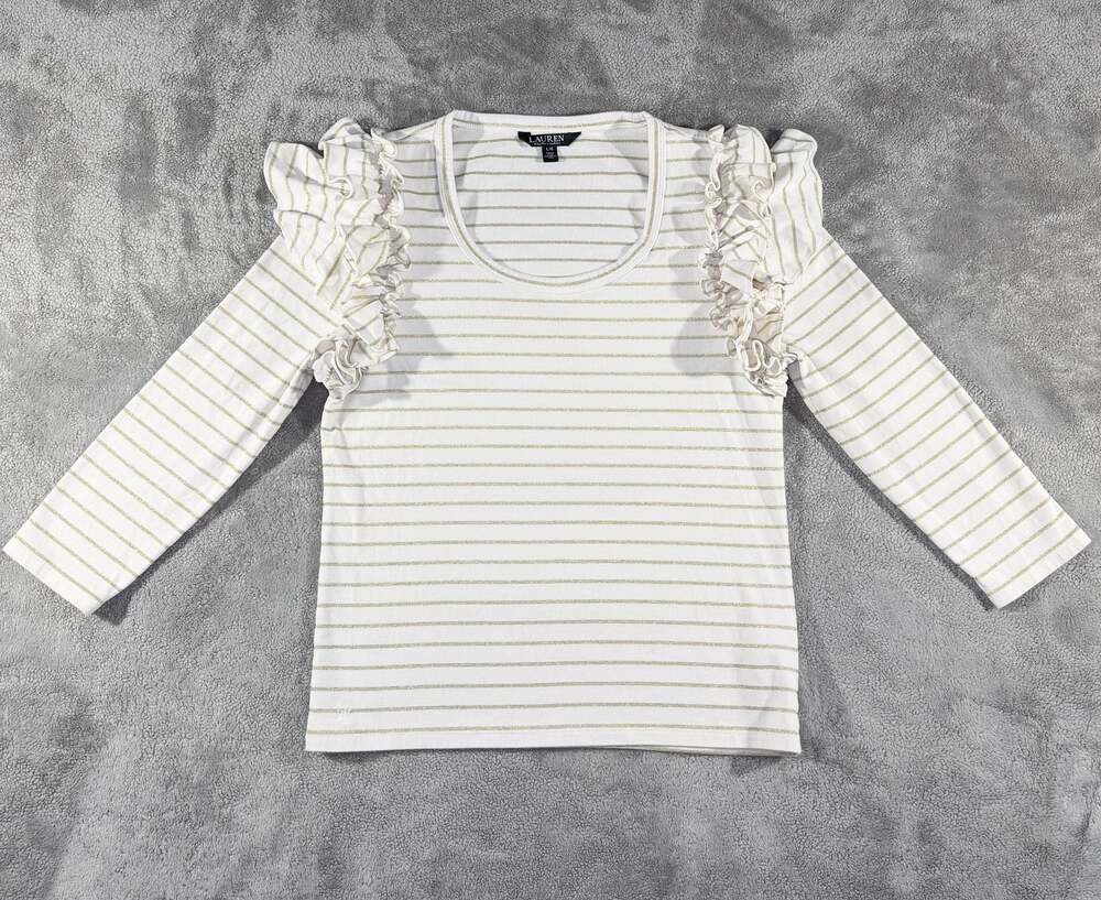 Lauren Ralph Lauren Metallic Striped Ruffle Trim Knit Top